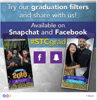 South Texas College's new year marketing included geofilter on Snapchat. Here's an image of an ad for graduation filters for Snapchat and Facebook.