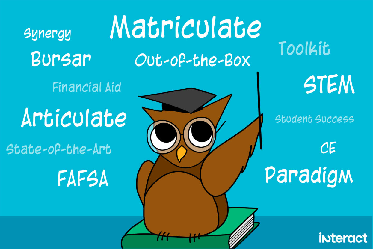 A cartoon owl points to academic jargon like "matriculate" and "bursar"