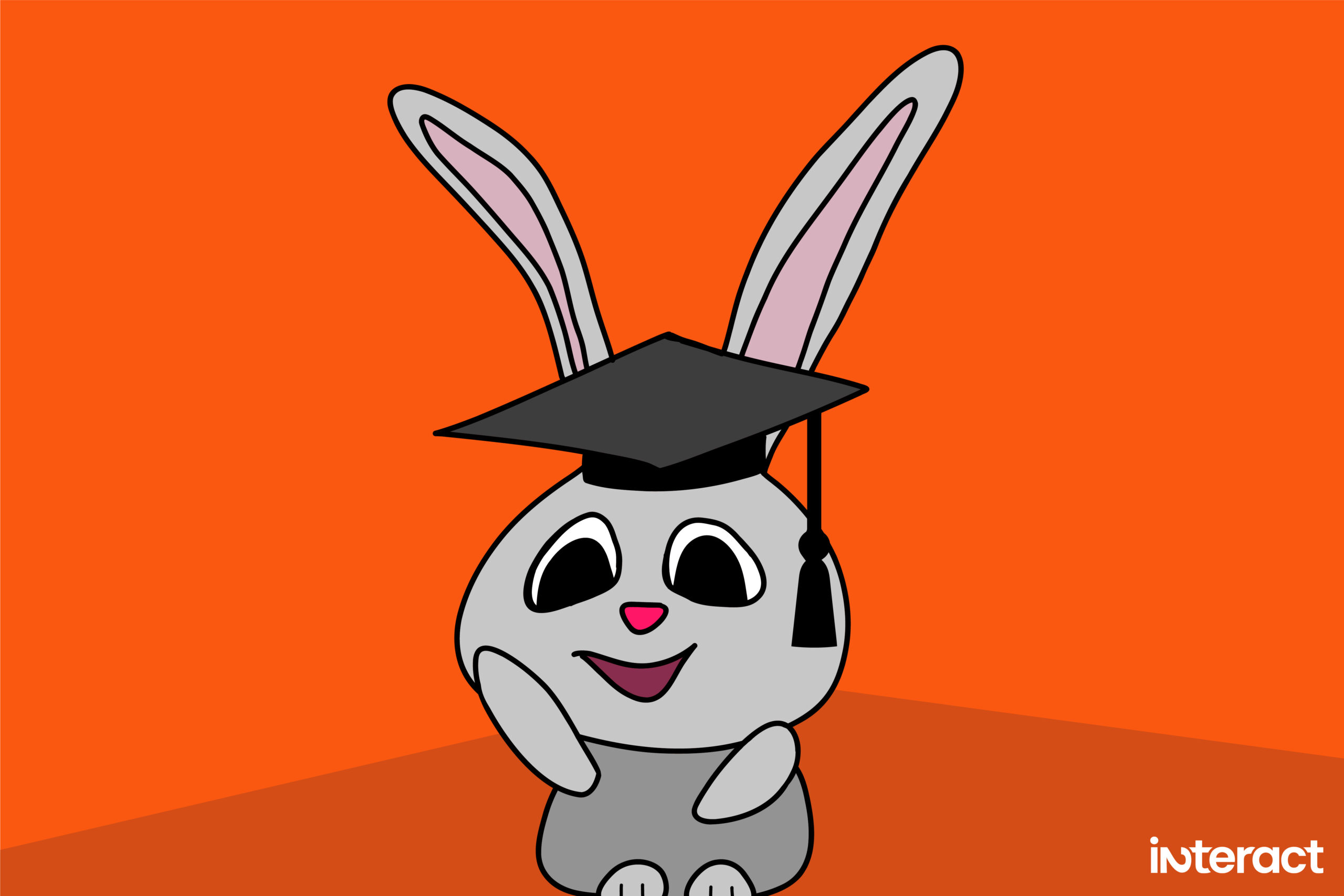 Bunny smiles proudly and waves, wearing a graduation cap and gown.