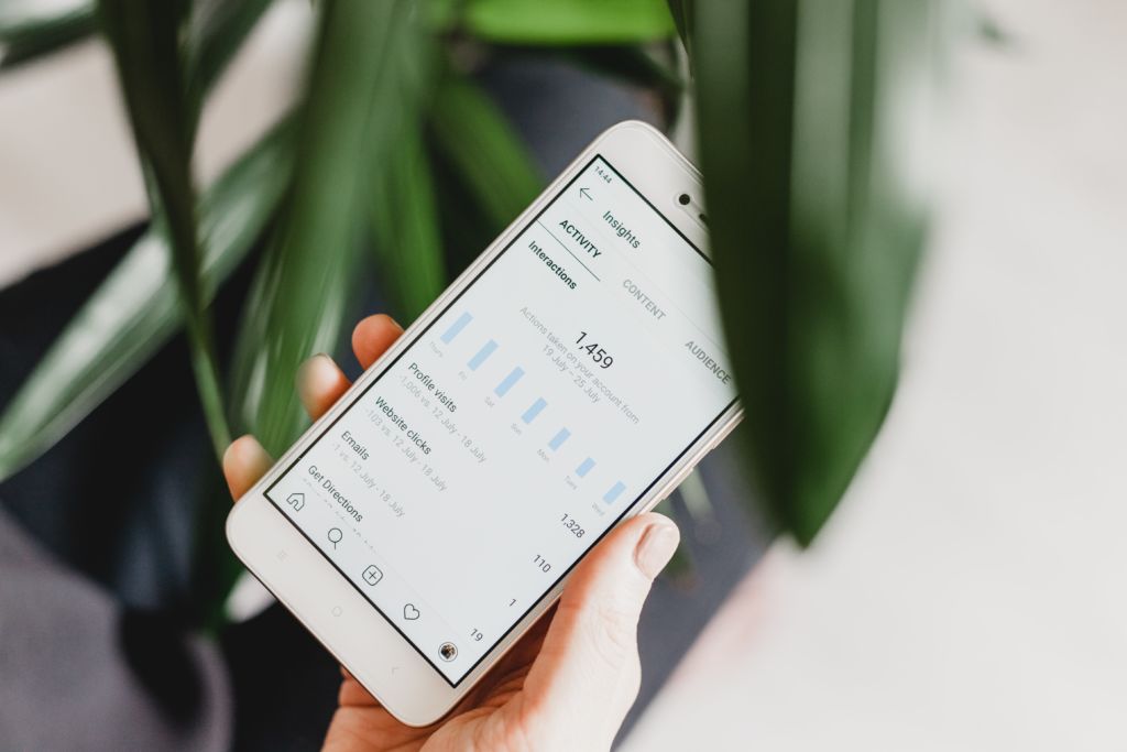 A cell phone by a houseplant shows social media analytics. With these easy tips, it's simple to keep your social media marketing strategies green.