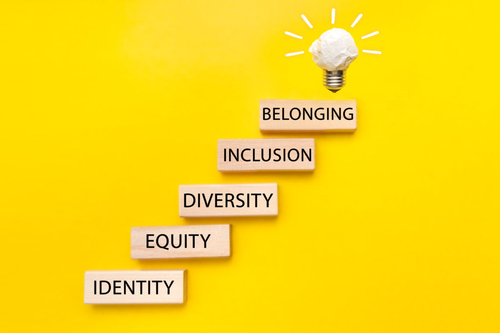 A lightbulb over the words belonging, inclusion, diversity, equity, and identity. All of these things are crucial to building student support.