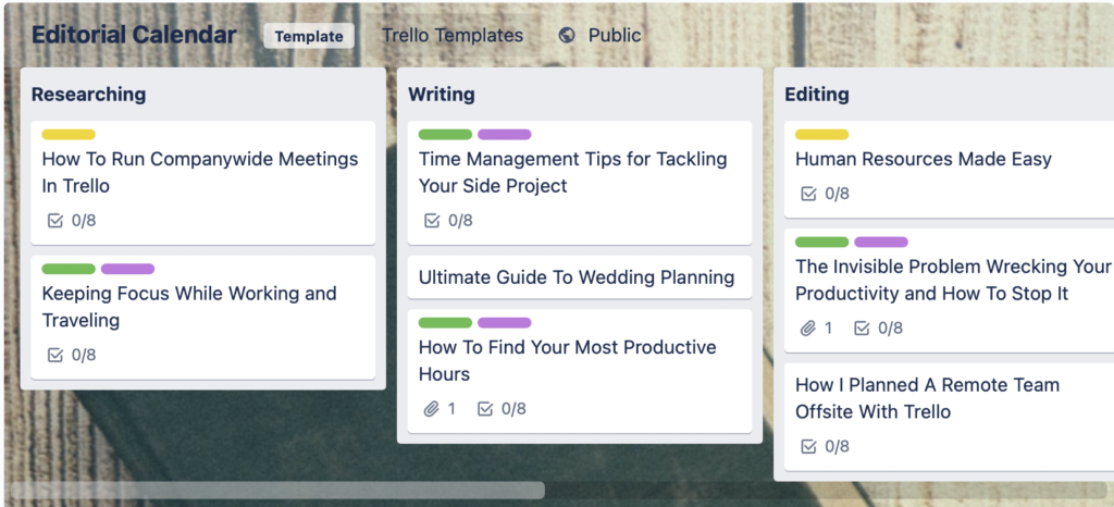 An image of an editorial calendar template on Trello to keep your social media marketing strategies organized.