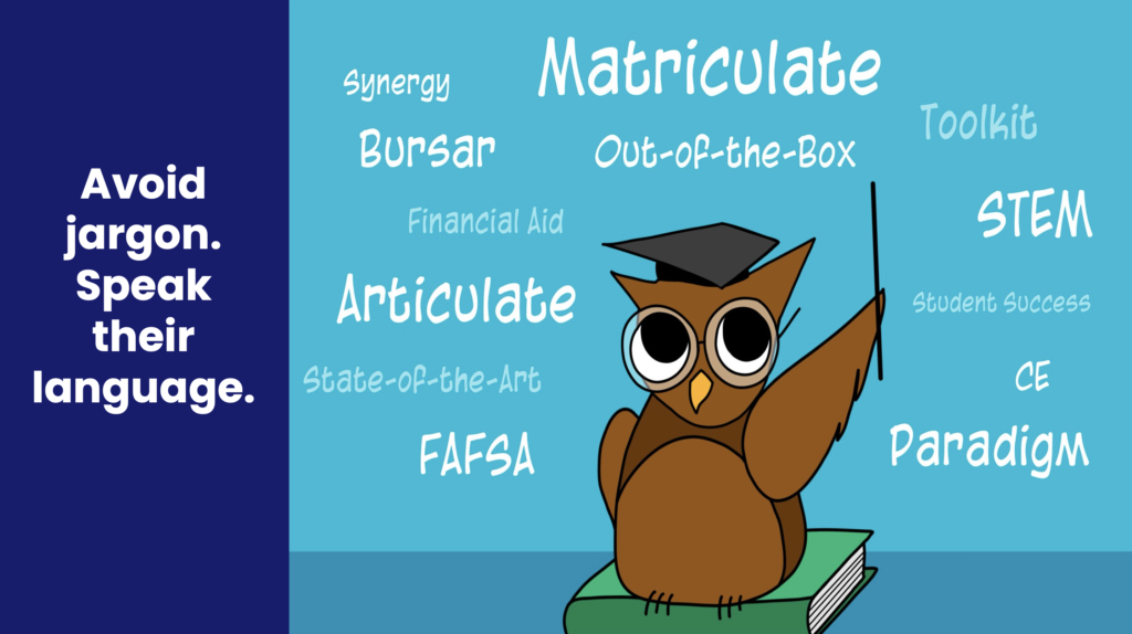 An image of an owl pointing at words that are academic jargon. Avoid overly complicated language in your program marketing.