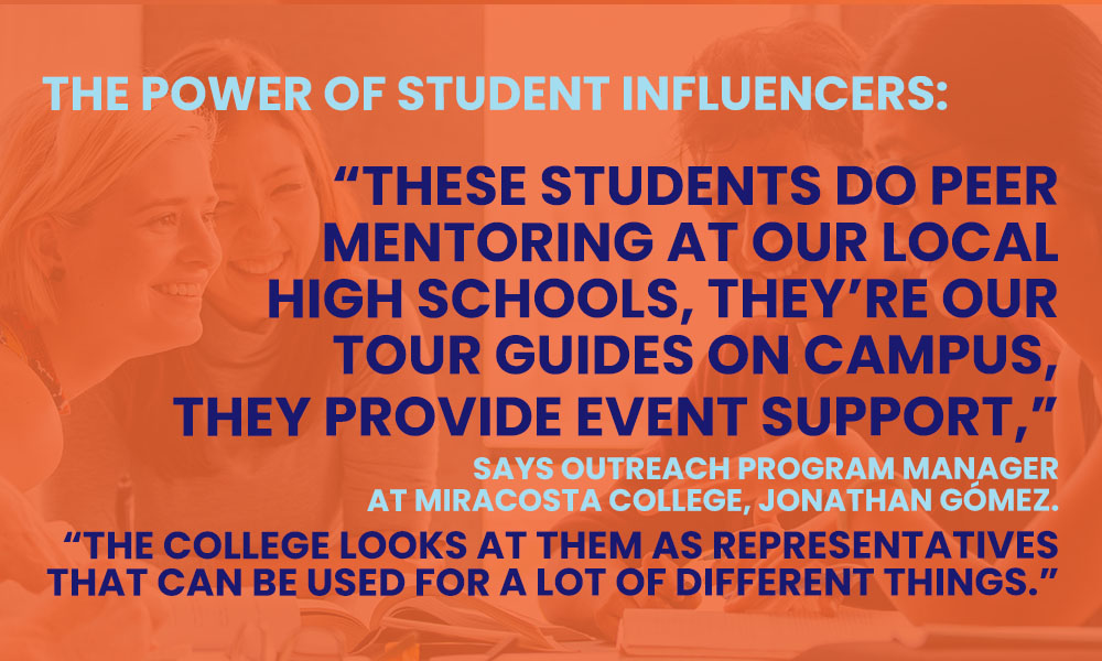 Quote from Jonathan Gómez against an orange background, "These students do peer mentoring at our local high schools, they're our tour guides on campus, they provide event support." 