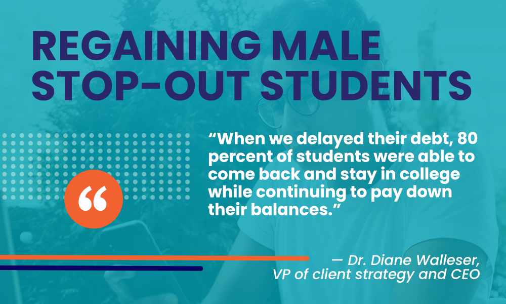 The quote image includes a headline which reads "Regaining Male Stop-Out Students." Underneath is a quote from Dr. Diane Walleser that says, "When we delayed their debt, 80 percent of students were able to come back and stay in college while continuing to pay down their balances." When we look at reasons students stop out the most, it often is because of financial issues. 