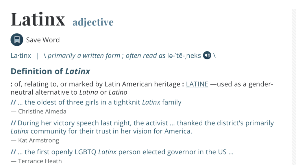 Definition of Latinx
: of, relating to, or marked by Latin American heritage : LATINE —used as a gender-neutral alternative to Latina or Latino
From Merriam-Webster

Elle pronouns are used by nonbinary Latinx folks.