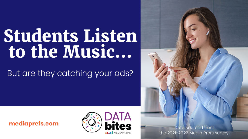 Picture of a woman listening to music on her iPhone. Caption: students listen to the music, but are they catching your ads? For smarter marketing on how to target students on streaming music, keep reading!