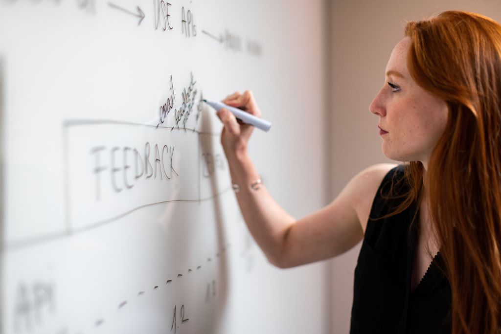 A woman writes her digital marketing inventory on a whiteboard to measure marketing effectiveness.