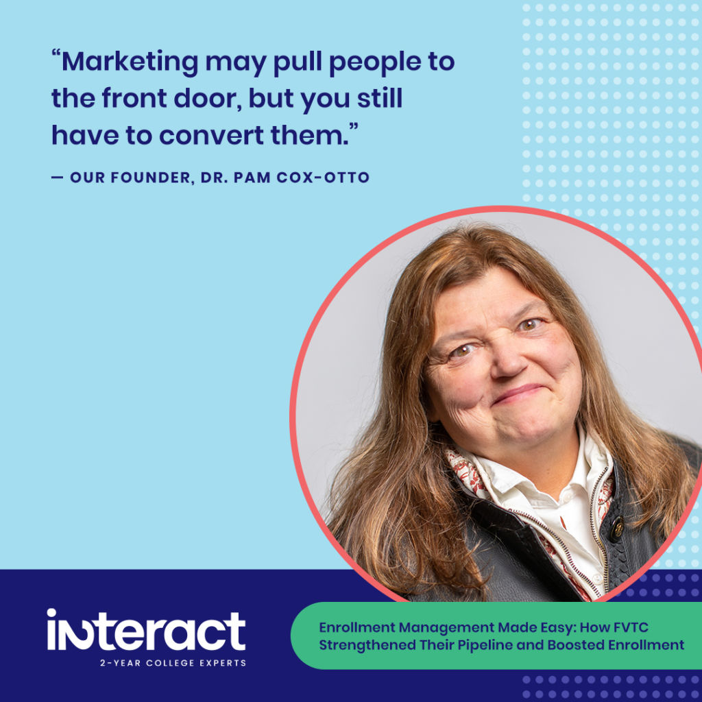 Our founder, Dr. Pam Cox-Otto, gives advice about strategic enrollment management plans. She says,  “Marketing may pull people to the front door, but you still have to convert them.”