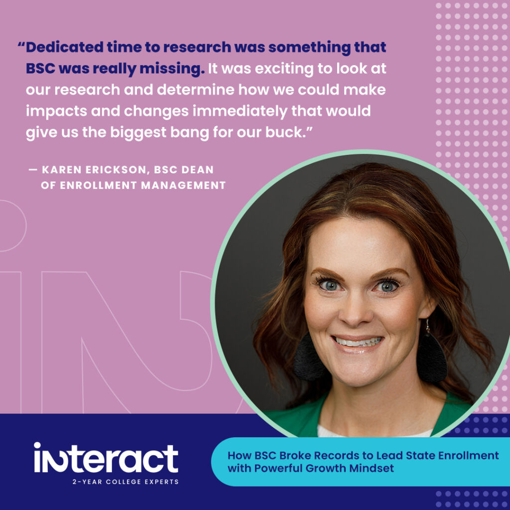 4.	“Dedicated time to research was something that BSC was really missing. It was exciting to look at our research and determine how we could make impacts and changes immediately that would give us the biggest bang for our buck.” —Karen Erickson, BSC Dean of Enrollment Management