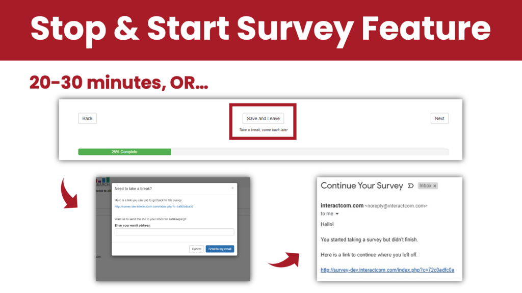 The stop and start survey feature lets students save their progress and come back later, ensuring your student data will be robust.