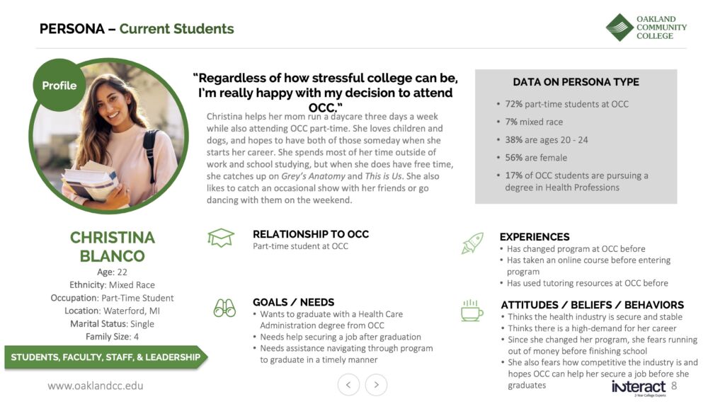 example of current student persona from Oakland Community College