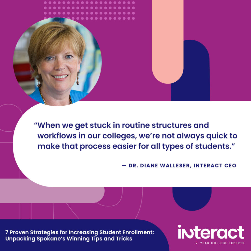 Image with quote: “Because our students have different and changing needs, our systems and processes need to respond accordingly,” says Walleser. “When we get stuck in routine structures and workflows in our colleges, we’re not always quick to make that process easier for all types of students.”