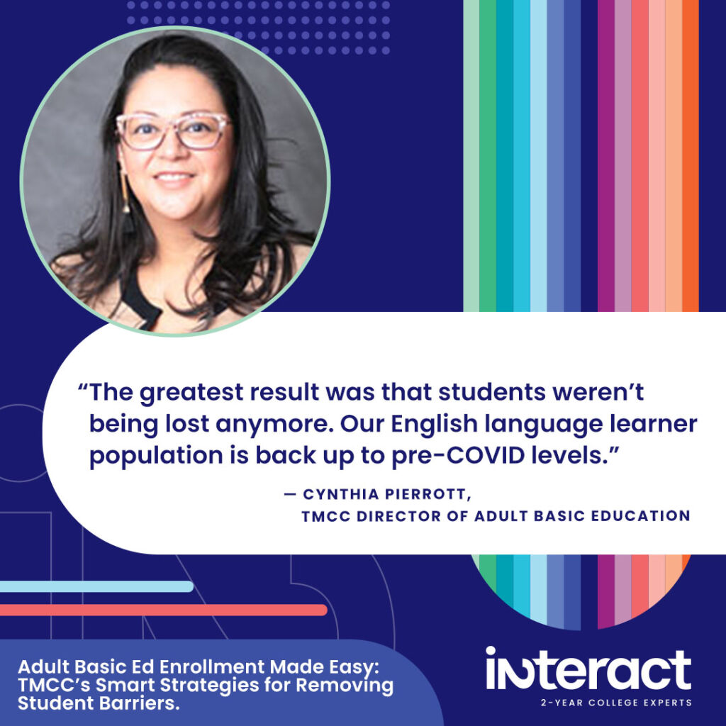 Adult Basic Ed quote from Cynthia Pierrott: “The greatest result was that students weren’t being lost anymore. Our English language learner population is back up to pre-COVID levels.”