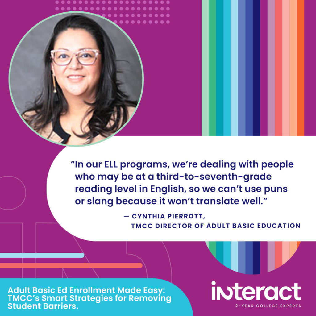 Adult Basic Ed quote: “In our ELL programs, we’re dealing with people who may be at a third-to-seventh-grade reading level in English, so we can’t use puns or slang because it won’t translate well,” says Pierrott.