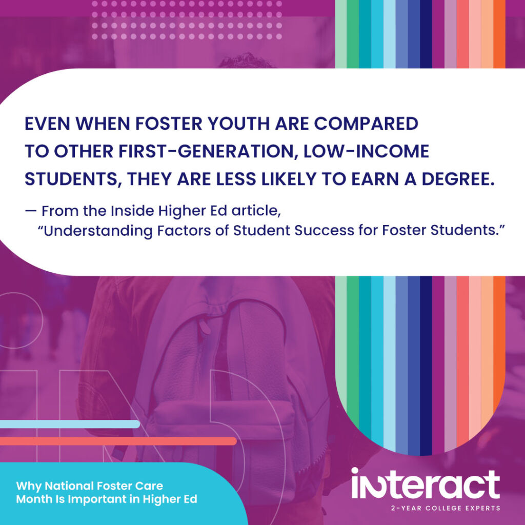 This National Foster Care Month, we're looking at the stats. Even when foster youth are compared to other first-generation, low-income students, they are less likely to earn a degree, according to the Inside Higher Ed article, “Understanding Factors of Student Success for Foster Students.” 