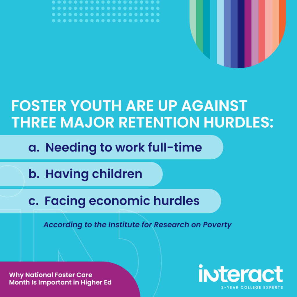 This National Foster Care Month, we're looking at the stats. According to the Institute for Research on Poverty, foster youth are up against three major retention hurdles:

Many foster youths need to work full-time.

Many also have children.

And finally, most foster youth face economic hurdles.