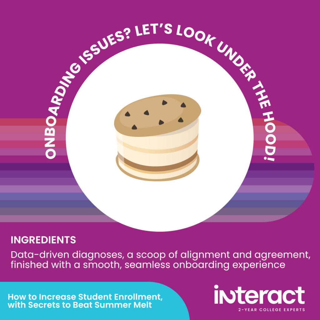 Onboarding Issues? Let's Look Under the Hood! Over A chocolate-chip cookie ice cream sandwich with one cookie side lifted up. Ingredients: Data-driven diagnoses, a scoop of alignment and agreement, finished with a smooth, seamless onboarding experience to increase student enrollment